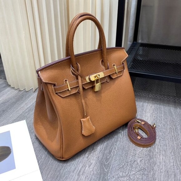 Chic Tan Leather Birkin Style Tote Bag with Gold Hardware - Picture 3 of 3